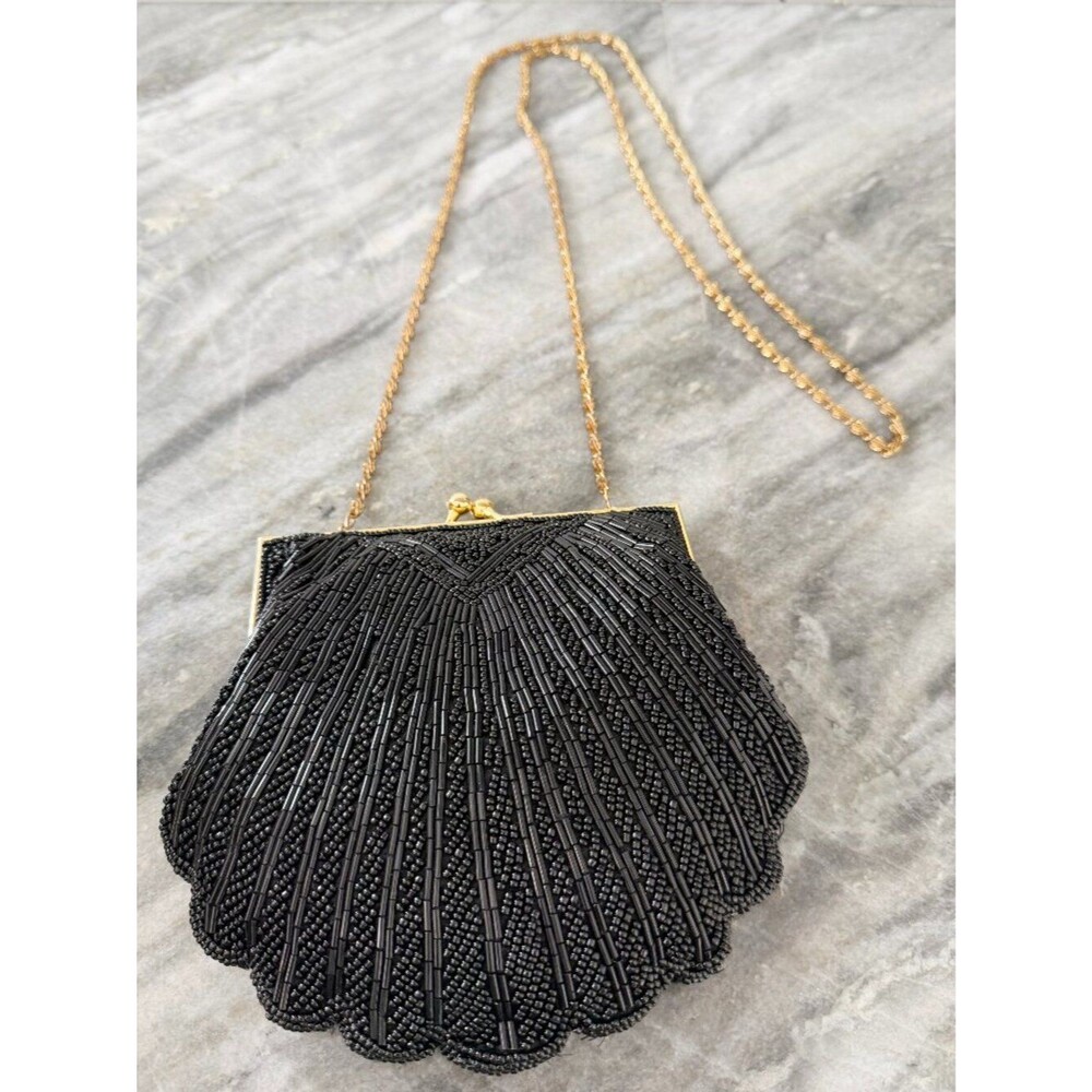 Vintage Black Beaded Clamshell Evening Bag • Gold Chain Convertible Clutch